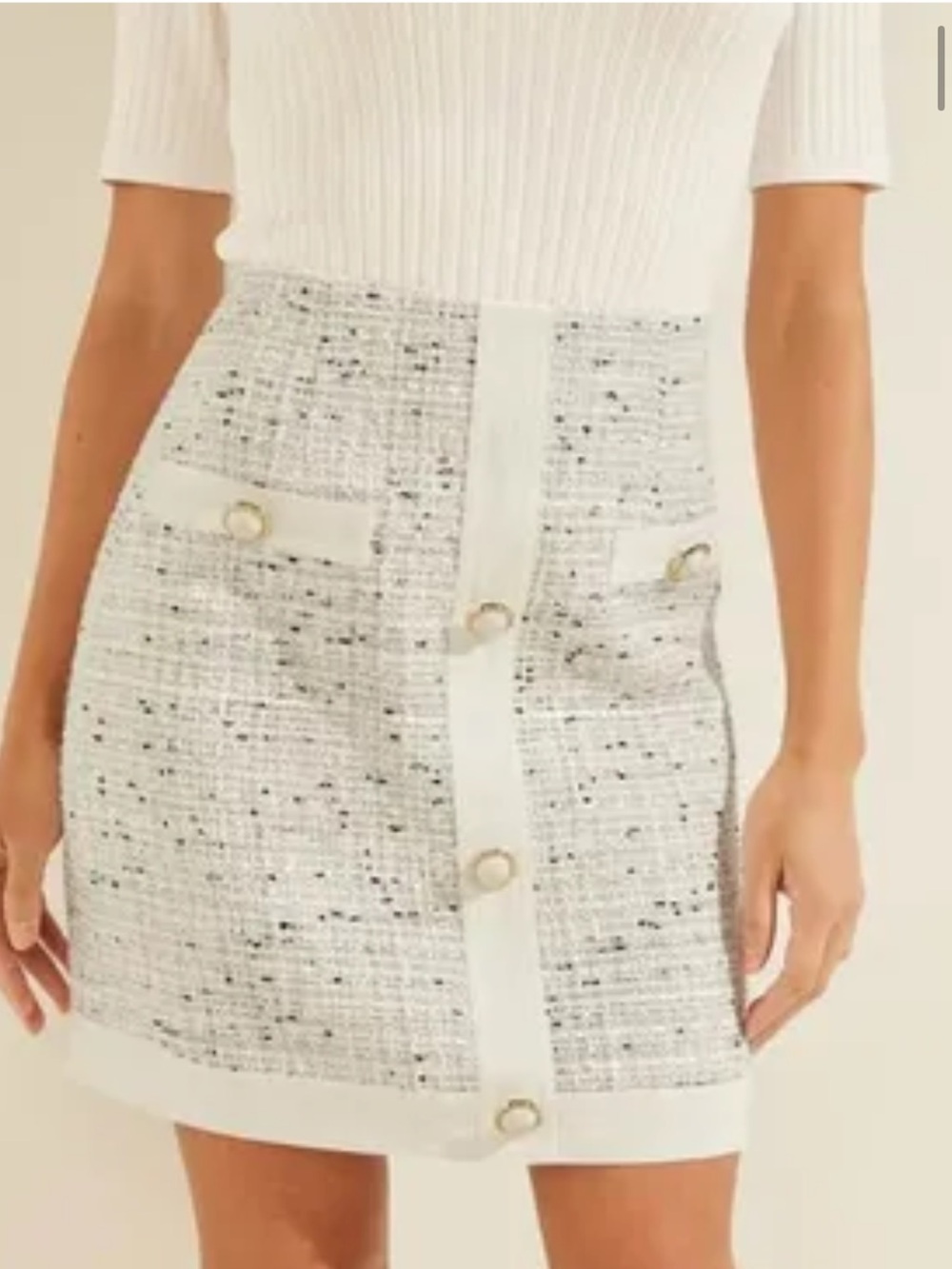 Guess White Tweed Mini Skirt with Button Accents Size L